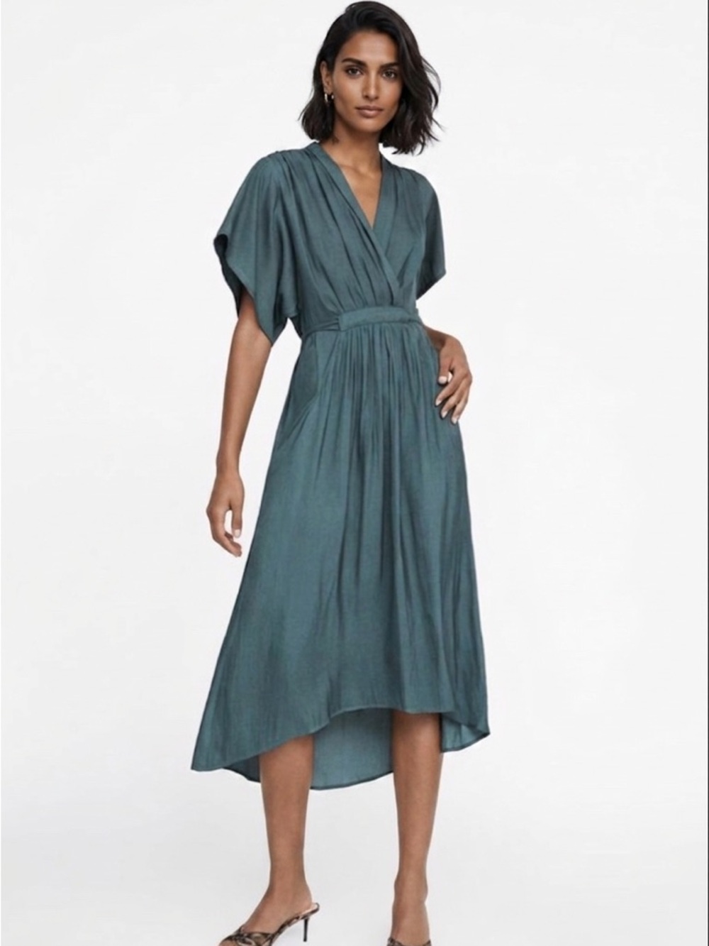 ZARA Teal Belted Asymmetric Maxi Dress | Green Caftan V-Neck Resort XS
